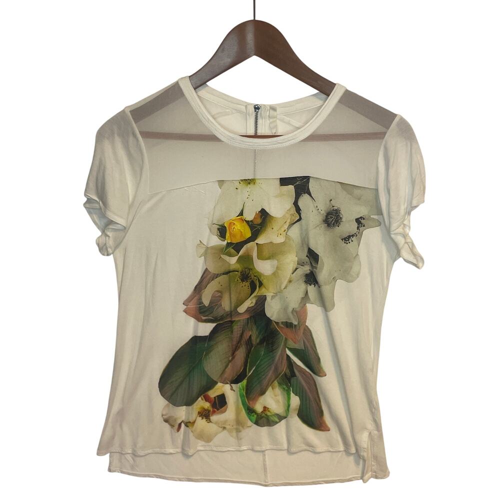 KAREN MILLEN Floral Graphic Tee w Sheer Mesh Yoke Size 12 Top T-shirt M L - Picture 2 of 6
